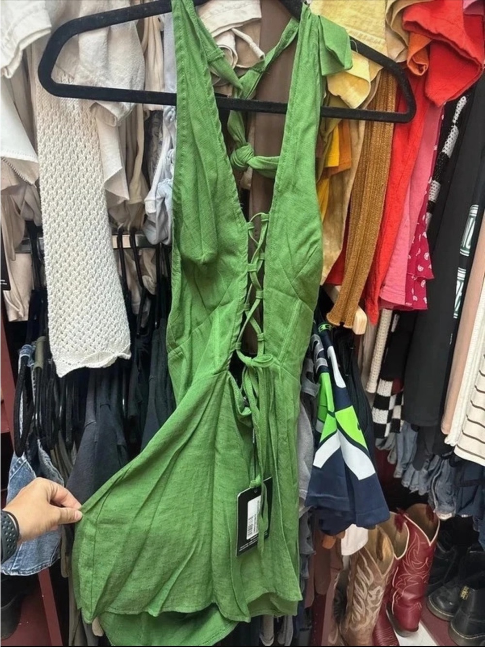 Green Tie-Back Linen Blend Sundress